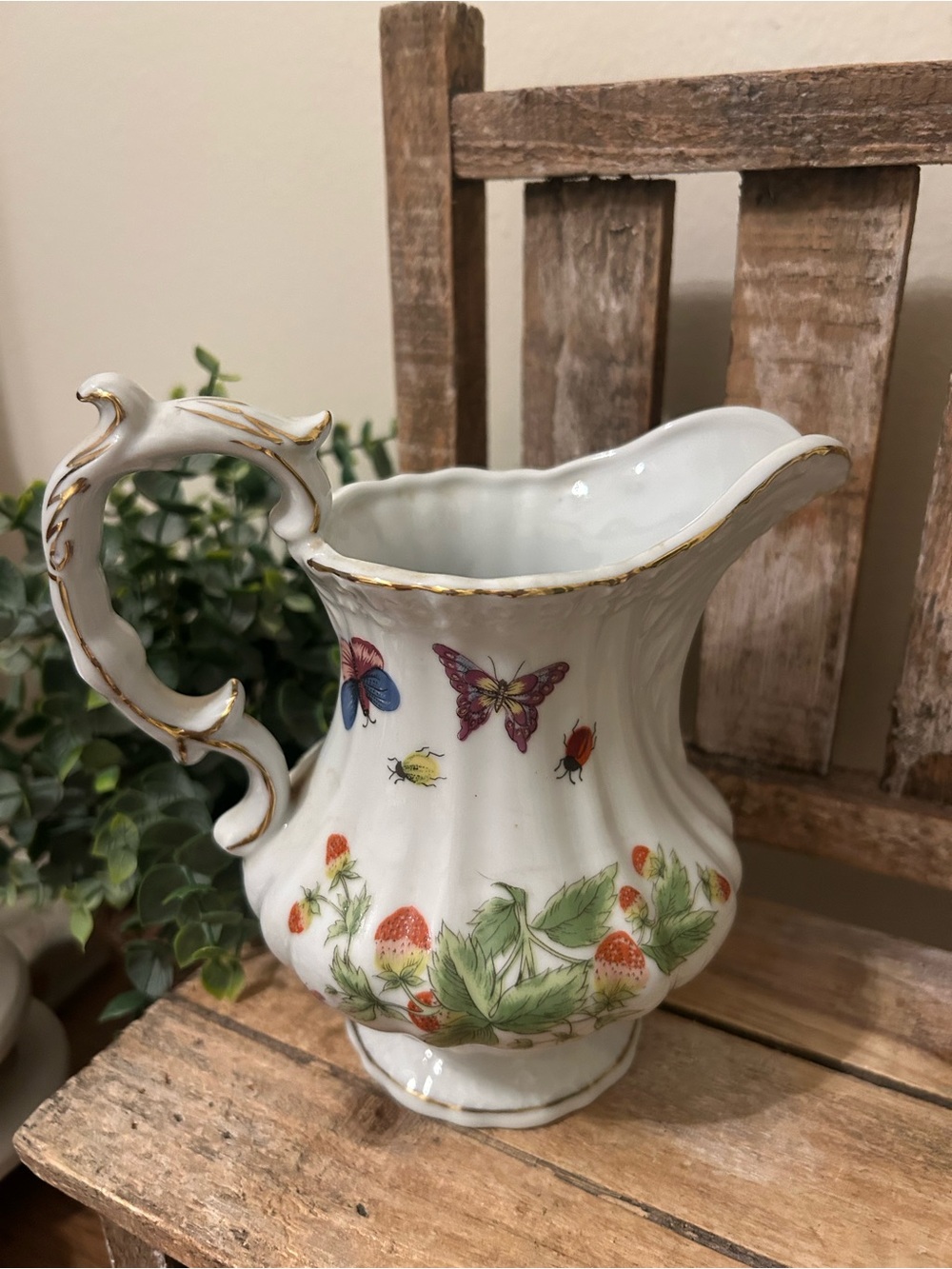 Aldalt Lenwile Strawberries & Butterflies 6” Porcelain Pitcher Japan